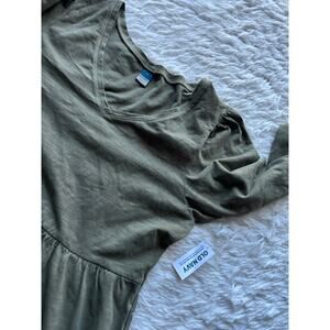 Old Navy Olive Green Midi Dress Puff Sleeve V-Neck Soft Stretch Casual Dress